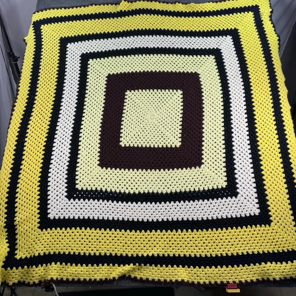Vintage Handmade Afghan Blanket 65x67 Yellow Brown White Crochet Throw